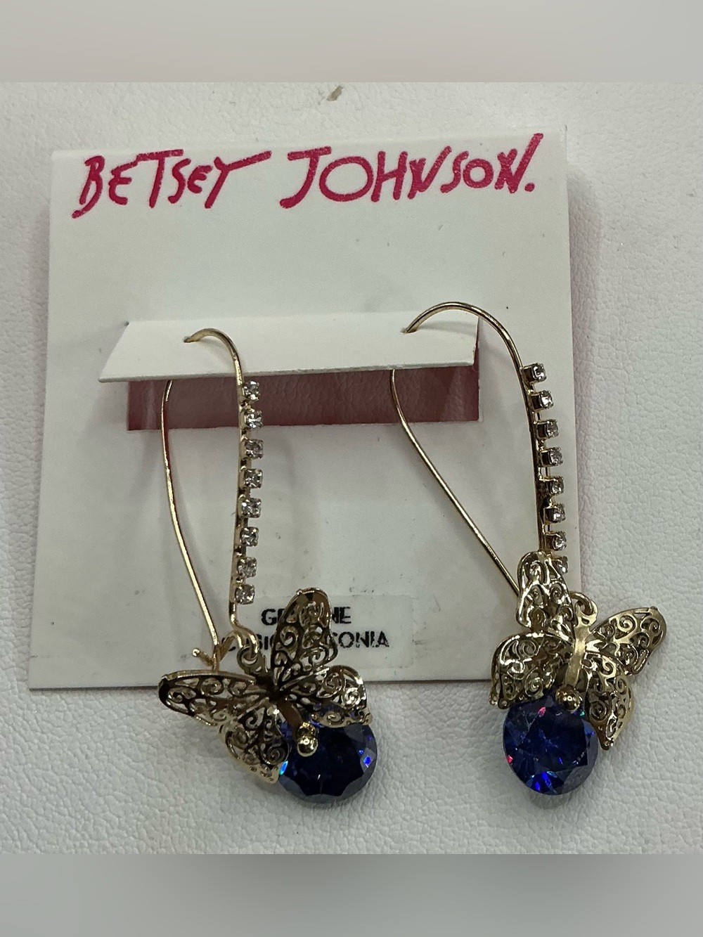 BETSEY JOHNSON GOLD TONE BLUE CUBIC ZIRCONIA DROP BUTTERFLY EARRINGS NWT